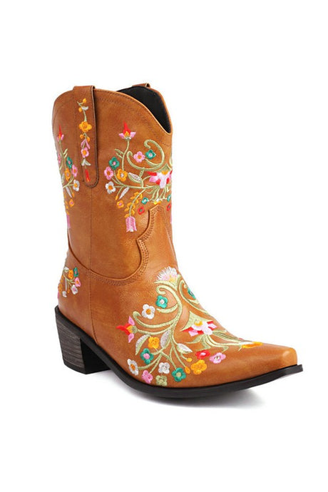 Yellow Embroidered Chunky Heel Boots