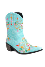 Blue Embroidered Chunky Heel Boots