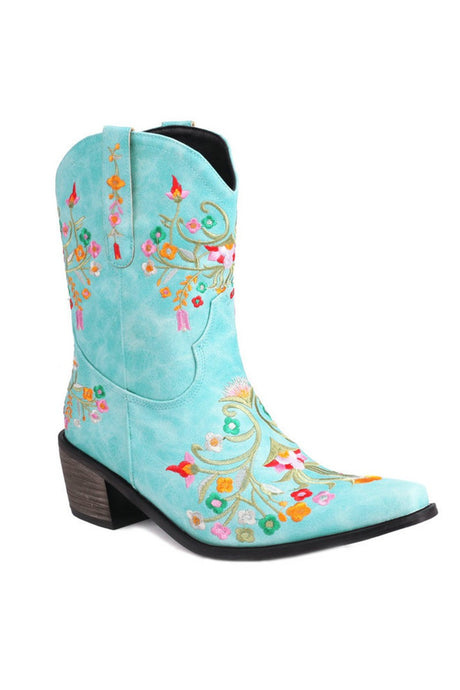 Blue Embroidered Chunky Heel Boots