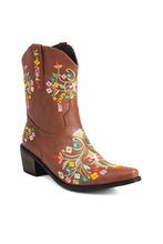 Brown Embroidered Chunky Heel Boots
