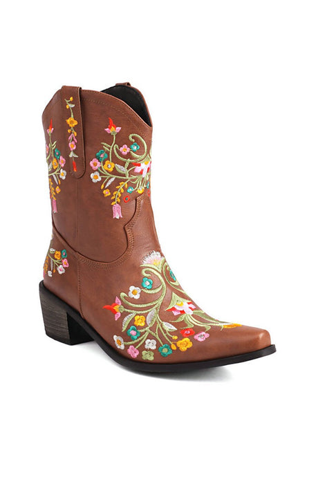 Brown Embroidered Chunky Heel Boots