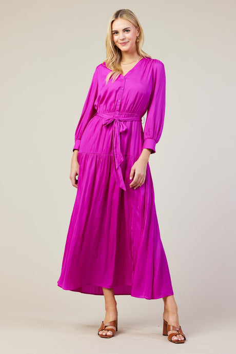 Orchid Long Sleeve V-Neck Button Front Tiered Maxi Dress