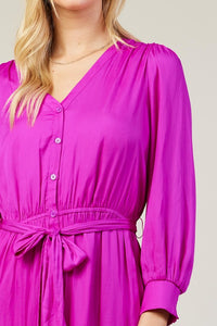Orchid Long Sleeve V-Neck Button Front Tiered Maxi Dress