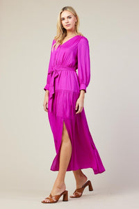 Orchid Long Sleeve V-Neck Button Front Tiered Maxi Dress