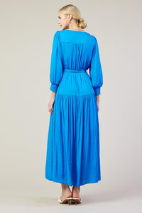 Vivid Blue Long Sleeve V-Neck Button Front Tiered Maxi Dress