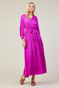 Orchid Long Sleeve V-Neck Button Front Tiered Maxi Dress