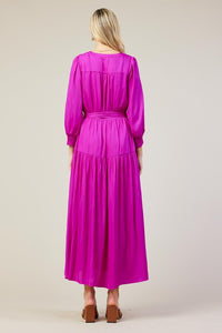 Orchid Long Sleeve V-Neck Button Front Tiered Maxi Dress