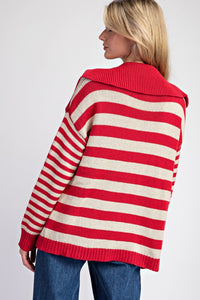 Cherry Red Striped Sailor Collar Cardigan