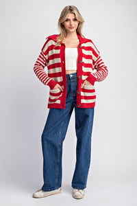 Cherry Red Striped Sailor Collar Cardigan