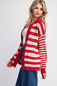 Cherry Red Striped Sailor Collar Cardigan