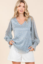 Blue Metallic Glitter Dot Print Pleated Long Sleeve Top