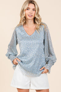 Blue Metallic Glitter Dot Print Pleated Long Sleeve Top
