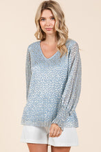 Blue Metallic Glitter Dot Print Pleated Long Sleeve Top