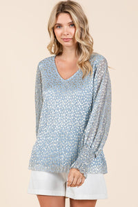 Blue Metallic Glitter Dot Print Pleated Long Sleeve Top