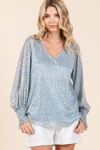 Blue Metallic Glitter Dot Print Pleated Long Sleeve Top