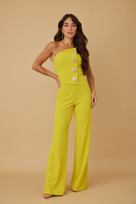 Lime Off Shoulder Button Trim Fashion Jumpsuit