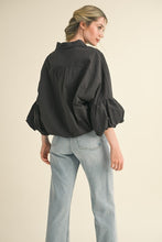 Black Button Down Bubble Sleeve Top
