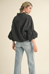Black Button Down Bubble Sleeve Top
