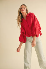 Berry Red Button Down Bubble Sleeve Top