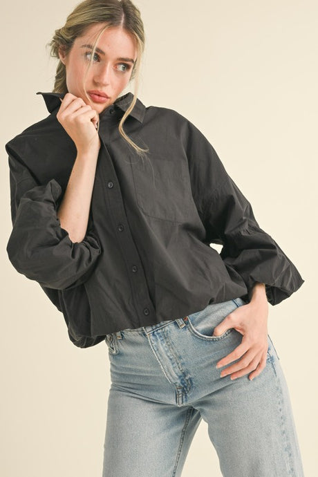 Black Button Down Bubble Sleeve Top