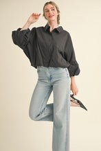Black Button Down Bubble Sleeve Top