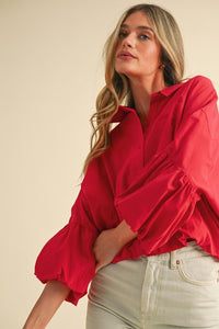 Berry Red Button Down Bubble Sleeve Top