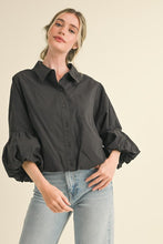 Black Button Down Bubble Sleeve Top