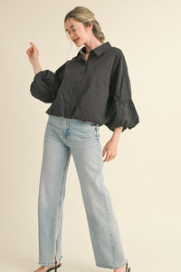Black Button Down Bubble Sleeve Top