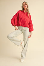 Berry Red Button Down Bubble Sleeve Top