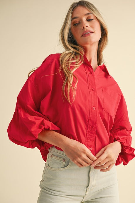 Berry Red Button Down Bubble Sleeve Top