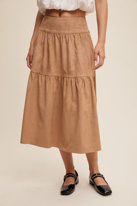 Tan Suede Tiered Maxi Skirt with Back Bow Tie
