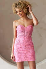 Pink Strapless Sweetheart Lace Fitted Short Dress