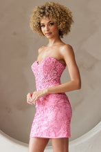 Pink Strapless Sweetheart Lace Fitted Short Dress