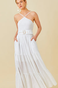 White Smocked Halter Maxi Dress With Belt