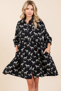 Black Zebra Print Button Down Shirt Mini Dress