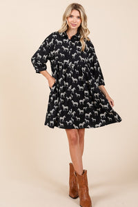 Black Zebra Print Button Down Shirt Mini Dress