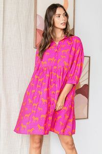 Fuchsia Zebra Print Button Down Shirt Mini Dress