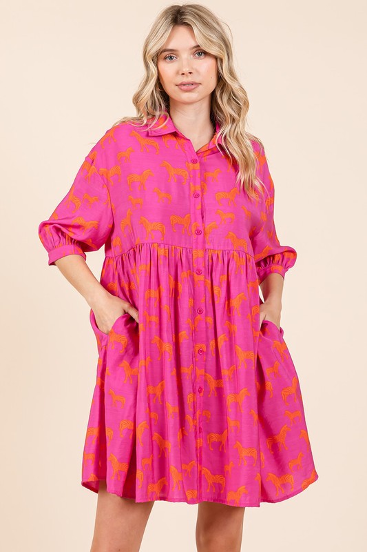 Fuchsia Zebra Print Button Down Shirt Mini Dress