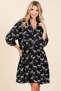 Black Zebra Print Button Down Shirt Mini Dress