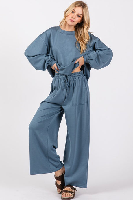 Denim Scuba Top And Pants Sets
