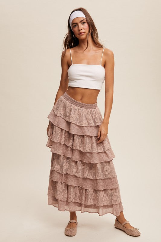 Light Mocha Lace And Rose Jacquard Ruffle Tiered Maxi Skirt