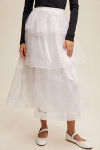 White Sparkle Organza Tiered Maxi Skirt