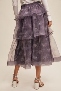Mocha Grey Sparkle Organza Tiered Maxi Skirt