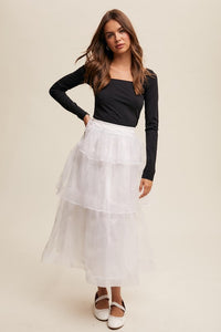 White Sparkle Organza Tiered Maxi Skirt