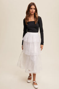 White Sparkle Organza Tiered Maxi Skirt