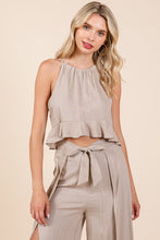 Beige Linen Crop Top and Wide Slit Pants Two Piece Sets