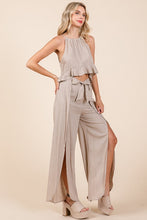 Beige Linen Crop Top and Wide Slit Pants Two Piece Sets