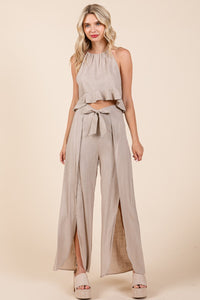 Beige Linen Crop Top and Wide Slit Pants Two Piece Sets