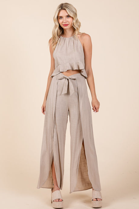 Beige Linen Crop Top and Wide Slit Pants Two Piece Sets