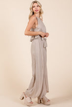 Beige Linen Crop Top and Wide Slit Pants Two Piece Sets